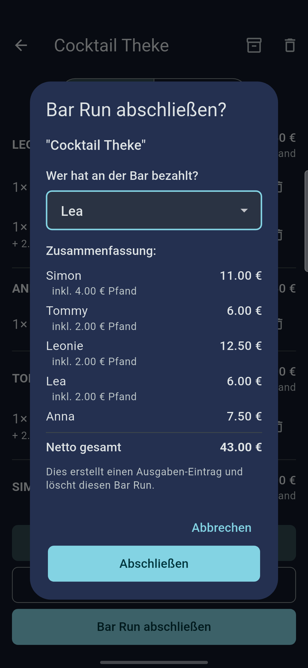 CrewTab – Bar-Run abschließen und Kosten automatisch aufteilen